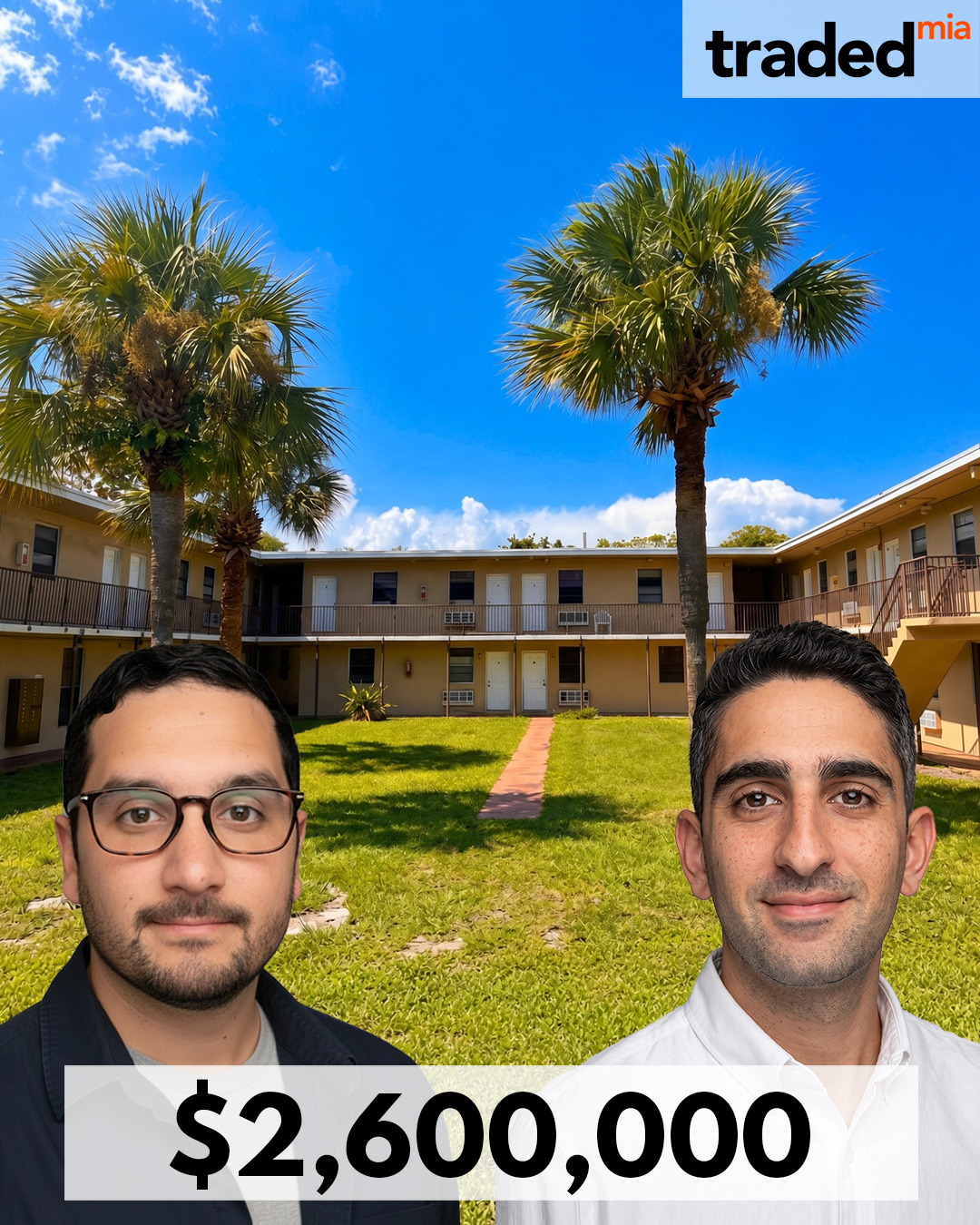 Traded announcement of the $2,600,000 multifamily acquisition at 819 NW 3rd Street, with the property and two representatives